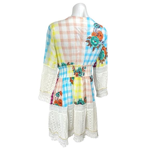 Siya Multicolor Embroidered Sequin Patchworks Checkered Mini A-Line Dress L/XL - Picture 2 of 5